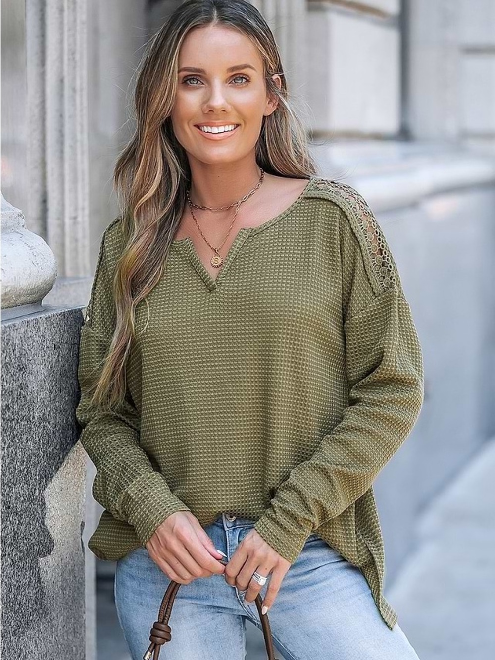 Cupshe Womens Olive Waffle Knit Crochet Lace Shoulder Top NWT Size L
